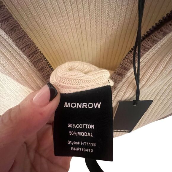 Nwt womens Monrow color block Reglan half zip sweater size xl cream and‎ brown - Picture 9 of 13